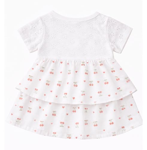 Image of Bold N Elegant Baby Girl Cotton Summer Dress Frock with Cherry Print n Bow | Short Sleeve Casual Outfit for Infant Toddler Girls