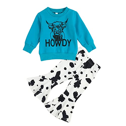 Image of Kaipiclos Toddler Bell Bottoms Western Baby Girl Clothes Cow Print Baby Sweatshirt Pullover Top Flare Pants Fall Winter Outfit (Cow Print Blue, 12-18 Months)