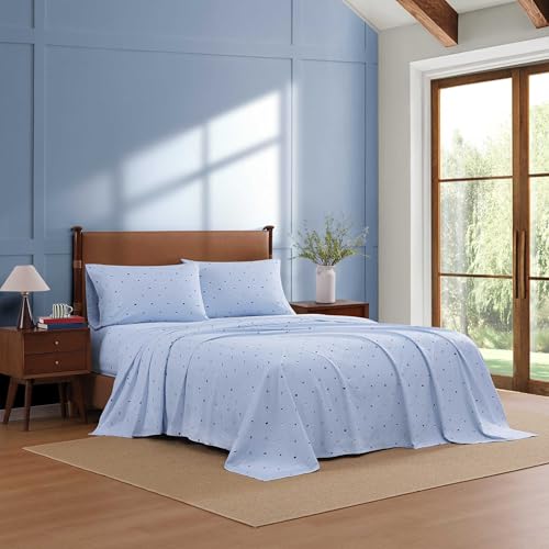 Image of Tommy Hilfiger - King Size Sheet Set, Soft Cotton Percale Bedding with Crisp Cooling Comfort, Deep Pocket Fitted Sheet with Matching Pillowcases, Americana Decor (Nautical Flag Blue)