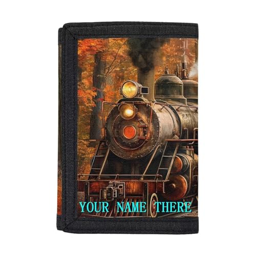 COEQINE Boys Wallet for 9-12 Years Old, Personailzed Card Holder Money Bag Portable for Kids Women Men Add Name On Retro Train Pattern