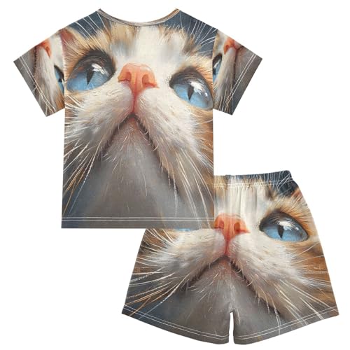 ALAZA Cat Kitten Animal Lovely Pajamas Set Short Sleeve Cotton Sleepwear Summer Pjs 2 Piece 5-14Y2