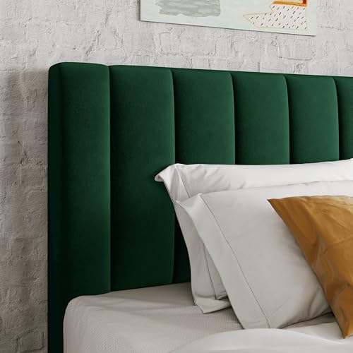 Image of Allewie Twin Bed Frame /Velvet Upholstered Bed Frame with Vertical Channel Tufted Headboard /Strong Wooden Slats /Platform Bed Frame /Mattress Foundation /Box Spring Optional /Easy Assembly /Green