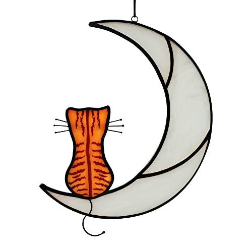 HAOSUM Stained Glass Orange Tabby Cat Decor, Handmade Cats on Moon Window Hanging Suncatcher – Perfect Cat Lover Gift for Living Room, Bedroom, Windows Decoration