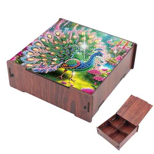 Image of DIY Diamond Art Storage Box, Peacock Design Wooden Diamond Painting Organizer with Flip-Top Lid and 4 Divided Compartments, for Craft, Jewelry, and Desktop Storage, Table Decoration Gift Accessories