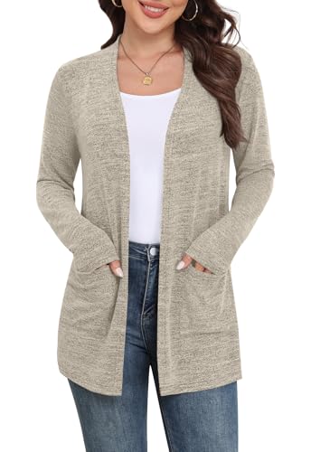 Yincro Womens Lightweight Cardigan Long Sleeve Open Front Casual Sweater Cardigans with Pockets (Khaki, M)
