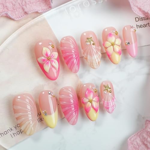 GHQHSQ French Tip Press on Nails Medium Almond - 3D Hawaii Hibiscus Flower Acrylic Fake Nails with Gold Shell Starfish Design | Glossy Glue on Nails for Women | 24Pcs Summer False Nails