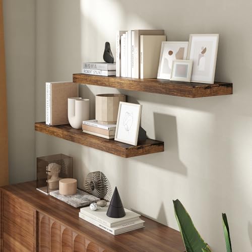 Image of 36 Inch Floating Shelves for Wall, 8 Inch Deep Floating Shelf for Storage & Display, Wall Mounted Shelf with Invisible Brackets for Living Room, Kitchen, Bathroom, Home Decor, Set of 2, Rustic Brown