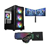 Gaming PC Set – Intel Core i7, GT710 2GB Graphics, 16GB RAM, 128GB SSD + 1TB HDD, Windows 11 Pro, Dual 22" Monitors, Keyboard, Mouse, Headset – Gaming PC Bundle (Neo Black)