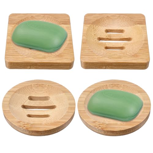 Guduling Lot de 4 porte-savons avec égouttage en bambou, porte-savon en bois, rond et carré, porte-savon en bambou, support antidérapant en bois pour la...