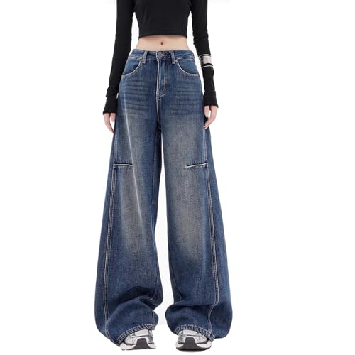 Ripped Wide Leg Jeans for Women Baggy Straight Leg Jeans Stretchy High Waisted Denim Pants Vintage Trendy Trouser