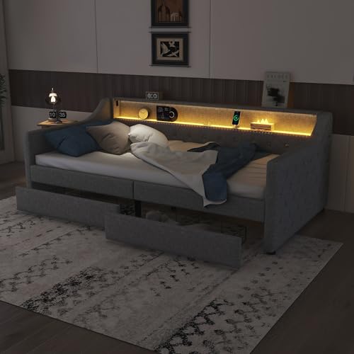 Aoskem Polsterbett Tagesbett Einzelbett 90x200 mit 2 Stauraum Schubladen, Kinderbett LED-Sofabett mit USB-Ladebuchse, Bettgestell mit Lattenrost, Jugendbett Schlafsofa, Ohne Matratze, Leinen (Grau)