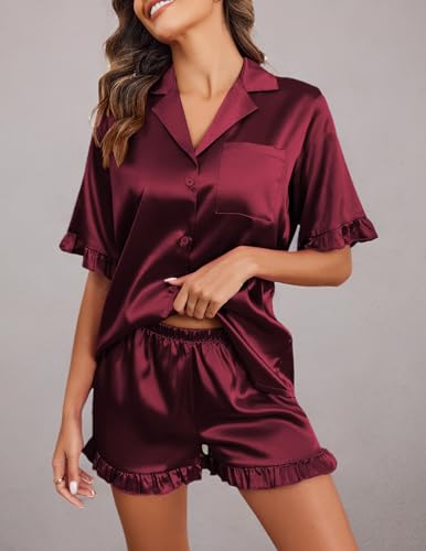 Image of Ekouaer Satin Pajama Set for Women Button Down Silk 2 Piece Pj Sets Ruffle Short Sleeve Sleepwear