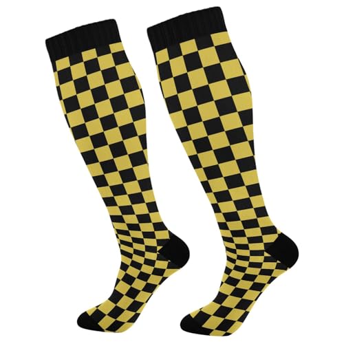 MFTJYO Black Yellow Checkerboard Women's Compression Socks for Women Men Knee High Socks Long Circulation for Athletic Running