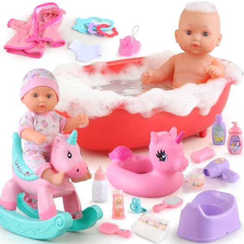 Baby Doll Bath Toys Set with Bathtub 11 Baby Dolls Rocking Chair Swimming Ring 2 Sets Baby Dolls Clothes and 15 PCS Doll Accessories.Perfect Pretend Play Toddler Toy Gift for Girls Aged 3 4 5 6.