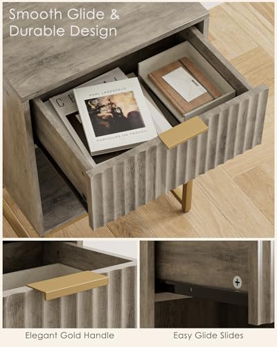 Image of Masupu Fluted Nightstand,Modern Night Stand Wood Bedside Table with Storage Drawer Side End Table for Bedroom,Office,Gray