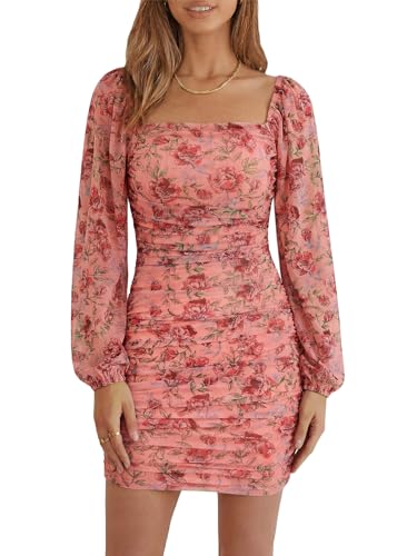 Image of Wenrine Women's Mesh Long Sleeve Square Neck Ruched Party Club Cocktail Bodycon Mini Dress