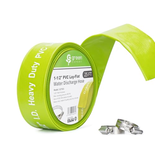 Green Expert 1.5 Inch ID PVC Lay-Flat Discharge Hose Sump Pump Accessory 25 ft Basement Drain Hose for Water Removal Steel Clamp Kit Included