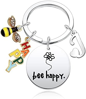 Bee Happy Keyrings for Women Men Personalized 26 Letters A-Z Initials Alphabet Key Rings Birthday Gifts Christmas Gifts