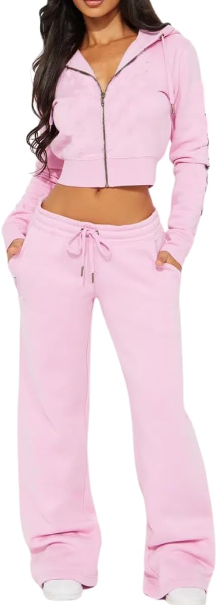 Glitrandi Womens 2 Piece Outfits Fashion Print Cropped Hoodies Jacket Sweatpants With Pockets Tracksuit For Women