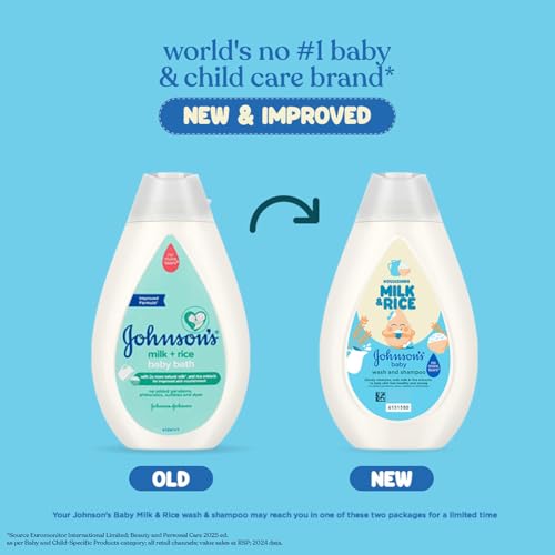 Image of Johnson's Baby Nourishing Milk & Rice Wash & Shampoo 200 ml | 2‑in‑1 Gentle Cleanser for Newborn Hair & Skin | All Skin Types Including Sensitive Skin | With Milk Protein, Rice Extracts & Multivitamin Complex | No More Tears Formula | No Added Parabens, Dyes, Sulphates & Pthalates | Hypoallergenic & PH Based Formula