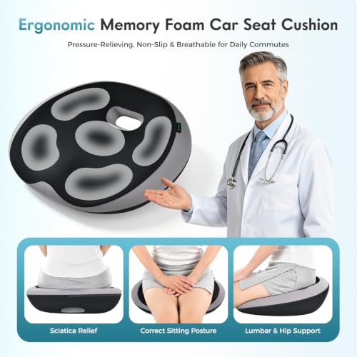 Image of FLORICH Memory Foam Car Seat Cushion with 2-in-1 Integrated Ergonomic Lumbar Support Headrest Pillow, Breathable Widened Back Support & Adjustable Neck Pillow for Driving Sciatica Tailbone Pain Relief