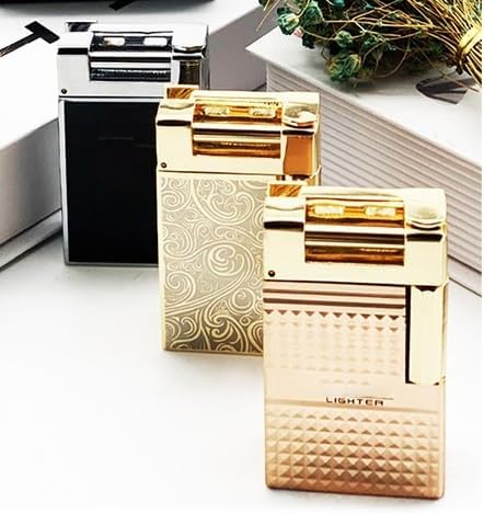 Vintage Metal Butane Lighter, Slanted Flame, Windproof, Adjustable Soft Flame, Refillable, Unique Lighter for Cigars, Candles, Outdoor Camping Hiking (Black Silver)