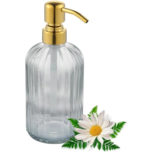 Image of Glass Soap Dispensers Brushed Gold, for Kitchen and Bathroom, Heavey Glass Bottle 15oz, Stainless Steel Head
