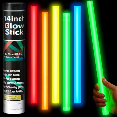 Lewtemi 5 Pcs Large Glow Sticks 14 Inch Jumbo Light up Sticks Holiday Colorful Sticks Emergency Glow in the Dark Party Supplies for Camping Halloween New Year (Red Orange Yellow Green Blue)