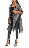 Beautybatik Black Women Hippie Gypsy Boho Printed Kimono Cardigan Shawl Wrap Swimsuit Cover Up Jacket One Size