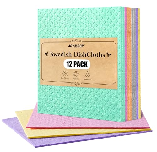 Image of JOYMOOP Swedish Dishcloths, Reusable Cellulose Kitchen Cloths, Multicolor, 8 x 7 inches, 12 Pack, Diamond Pattern, Super Absorbent, Quick Dry, Odor Resistant, Lint Free