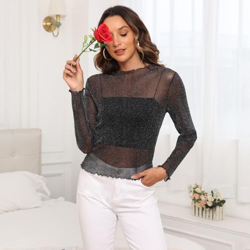 YVH Women Sheer Mesh Top Sexy Blouse for Layering, Club, Concert Outfits, Long Sleeve See Through Shirt Loose Fit, Scalloped Trim Black/Silver 2 Pack, XL — view 3
