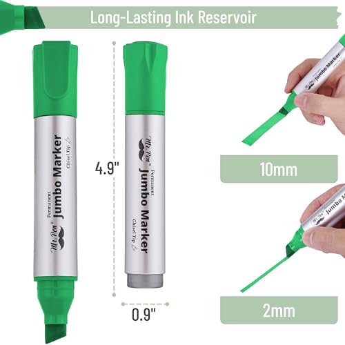 Image of Mr. Pen- Jumbo Permanent Markers, 4 Pack, Green, Chisel Tip, Wide Tip | Large, Thick Permanent Markers for Canvas, Posters Board, Fabric, Window, Glass, Wood, Waterproof, Quick Dry