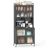 COSTWAY Küchenschrank mit Rollen, Buffetschrank mit Arbeitsplatte, Lochwand, Haken, transparenten Türen, für Mikrowelle, Aufbewahrungsschrank für Küche, Esszimmer, Wohnzimmer (Grau)