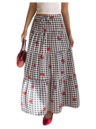 Women's Gingham Cherry Graphic Midi Skirts Drawstring Waist Ruffle A Line Flowy Skirt