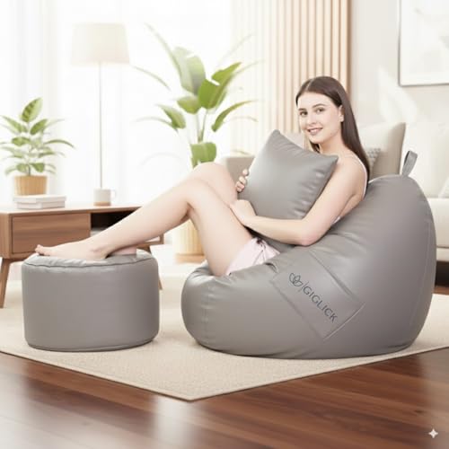 Image of 4XL Bean Bag Chair with Footrest & Cushion | Pre-Filled Beans | PVC Leatherette Lounger Sofa | Indoor & Outdoor Bean Bag with Pocket & Handle | Double Stitching | 6 Months Warranty Color- (Grey)