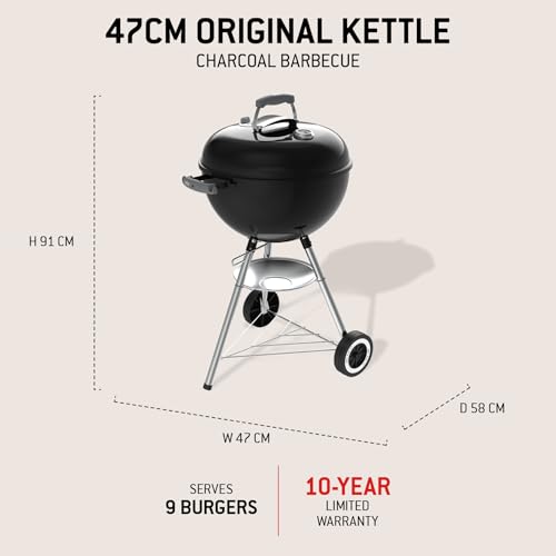 Weber Original Kettle Barbecue A Carbone/Griglia 47 Cm, Coperchio E Braciere Smaltati In Porcellana, Sistema One-Touch, Termometro, Treppiede Con Ruote, Nero - 4