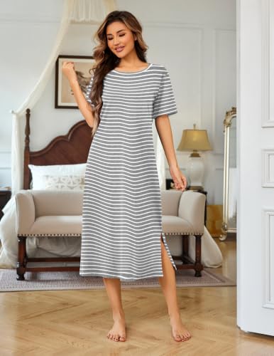 Ekouaer Womens Long Nightdresses Loose Cotton Sleep Dress Crew Neck Loungewear Oversized Pajama Dress — view 6