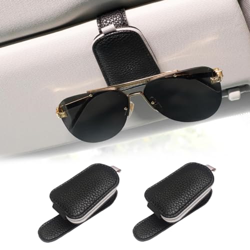 KITUREK Sunglass Holder for Car Sun Visor, PU Leather Magnetic Buckle Glasses Eyeglass Hanger Clip, Ticket Card Storage Sunglass Clip, Car Visor Accessories for Men and Women (Black+Gray, 2PCS)