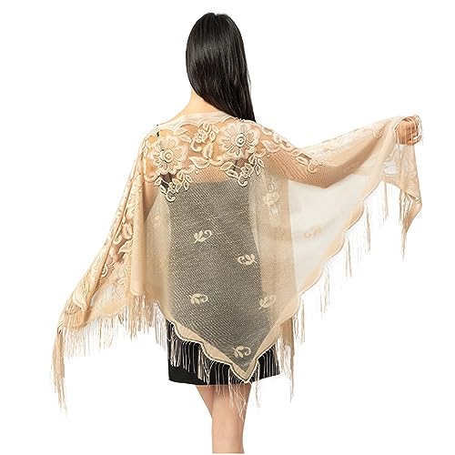 Women Lace Wraps Shawls Triangle Wrap Shawl 1920s Shawl Evening Party Dress Wedding Mesh Fringe Pashmina Shawl