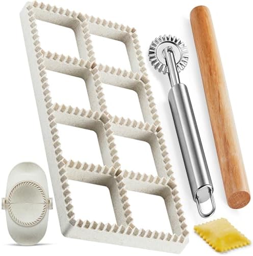Ravioli Maker Press, Ravioli Press Mold Set - 1.85" Squares Ravioli Stamp Maker Cutter with Wood Rolling Pin, 2.6" Empanada Maker Press Kit and Ravioli Wheel, Makes 8 Ravioli
