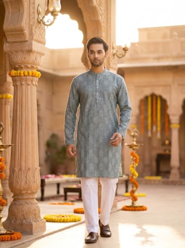Image of Studio Shringaar Men's Cotton Blend Relaxed Fit Ikat Printed Knee Length Kurta