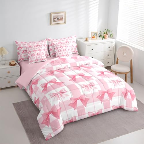 Image of Pink Bow King Size Comforter Set with Sheets | Cute Ribbon Bowknot 7 Piece Bedding Set Princess Bow Tie Bed in a Bag, Dreamy Pink Plaid Bowknot Room Decor,Kawaii Room Decor Aesthetic