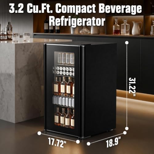 Image of COWSAR 3.2 Cu. Ft. Beverage Refrigerator, Up to 130 Cans or 26 Bottles | Electronic controls with an LED display adjust cooling from 32-61F, while the glass door keeps drinks easy to view.