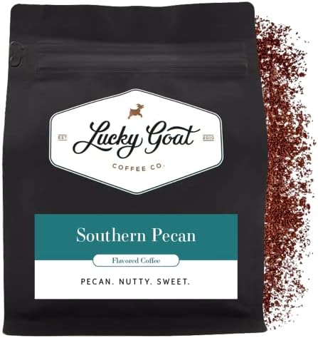 Lucky Goat Flavored Ground Coffee – Southern Pecan – Nutty, Pecan, Light Body, Low Acidity, Smooth and Sweet - Medium Roast, 12 Ounce Bag, Arabica