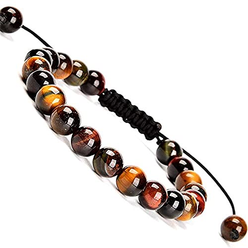 Image of Shymuh Natural Gemstone Bracelet Adjustable 8mm (0.31 inch) Round Beads Healing Crystals Bracelet Natural Healing Power Gemstone Beads Bracelet Unisex Tiger Eye Amythest Bracelets-Tiger Eye