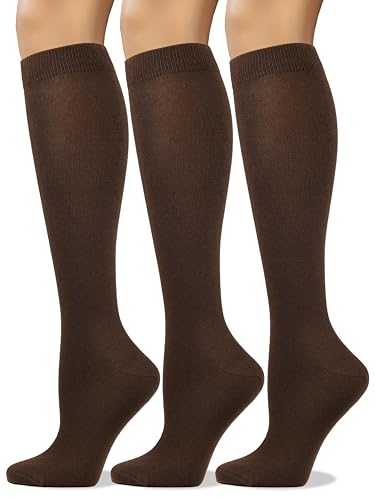 Image of COTTON DAY Women's Soft Combed Cotton Knee High Long Calf Dress Socks Seamless Toe Black White Gray Navy Blue Brown 3 Pack