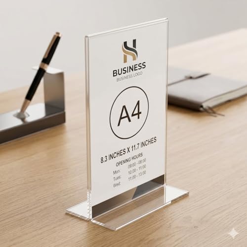 Image of Clear Acrylic Sign Holder, A4 Size (8.3 x 11.7 inches), Double-Sided Display Stand, Table Top (Double Sided)