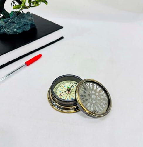 Brújula de dirección estilo náutico de latón con patrón diseñador de 3", acabado antiguo, para decoración y regalo miniatura 1