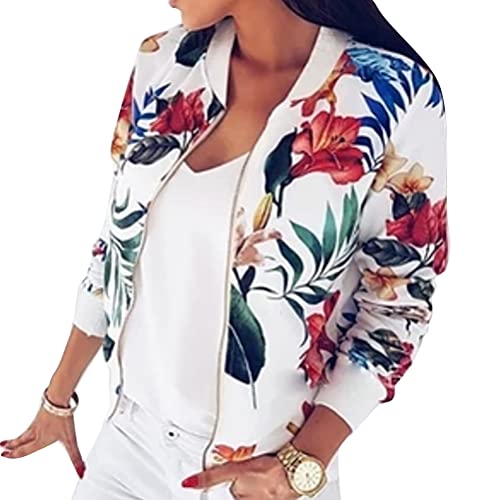 Tomwell Blouson Bomber Femme Mode Manteau Rétro Biker Moto Zipper Court Fleur Imprimer Veste Chic Printemps Automne À Manches Longues A Blanc01 38