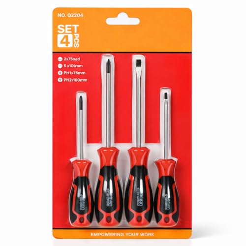 Image of JPT Screwdriver Set 4 PCS Cr-V Steel with Magnetized Tip - 2 Flat (75mm & 100mm) + PH1 & PH2 Phillips | Heavy Duty Hand Screwdriver Set for Electrical, Repair & Home Use